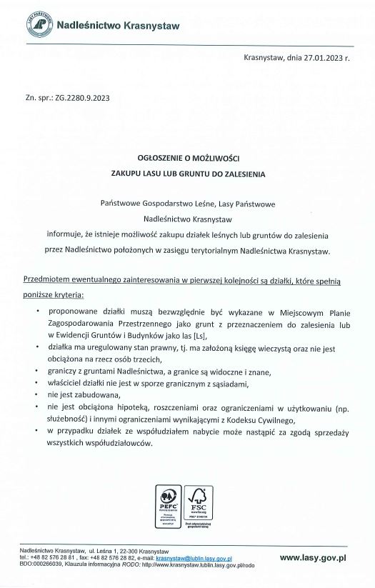 ogloszenie zakup lasu
