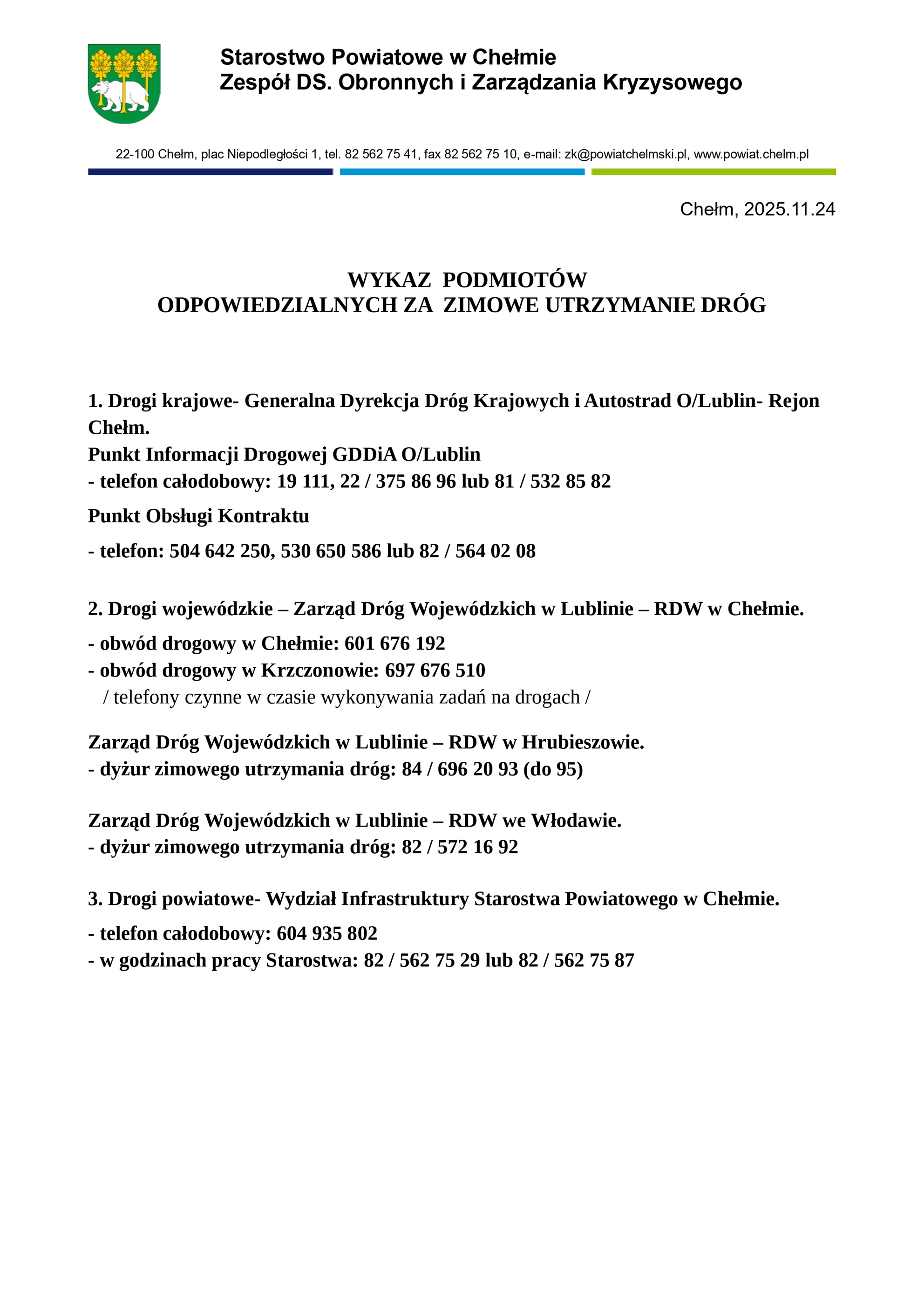 Wykaz podmiotów odpowiedzialnych za zimowe utrzymanie dróg na terenie Powiatu Chełmskiego page 0001